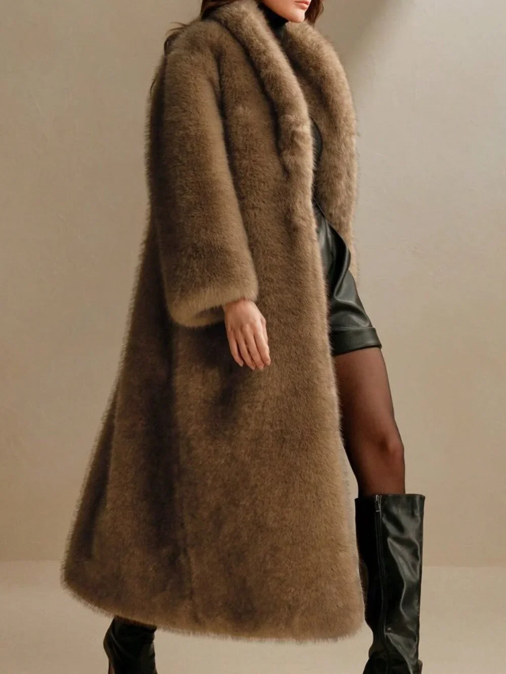 Brown Casual Women's Faux Fox-Fur Collar Long Coat